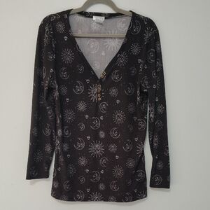 Long Sleeve Henley Ribbed Knit T-Shirt Celestial Print Black Soft Size 2X Moon